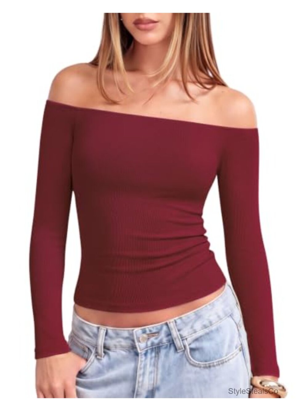 Ribbed Off Shoulder Long Sleeve Top with Built in Bra Slim Fit